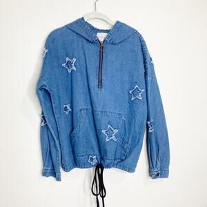 paper crane blue denim zipper star pullover jacket size small